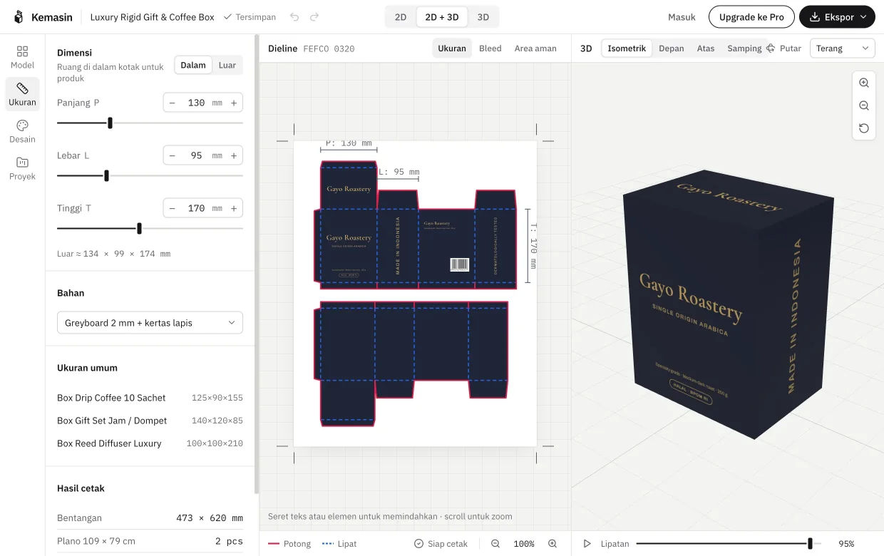 Studio Kotakio: dieline box Gayo Roastery dengan ukuran 130 × 95 × 170 mm di kiri dan model 3D-nya di kanan